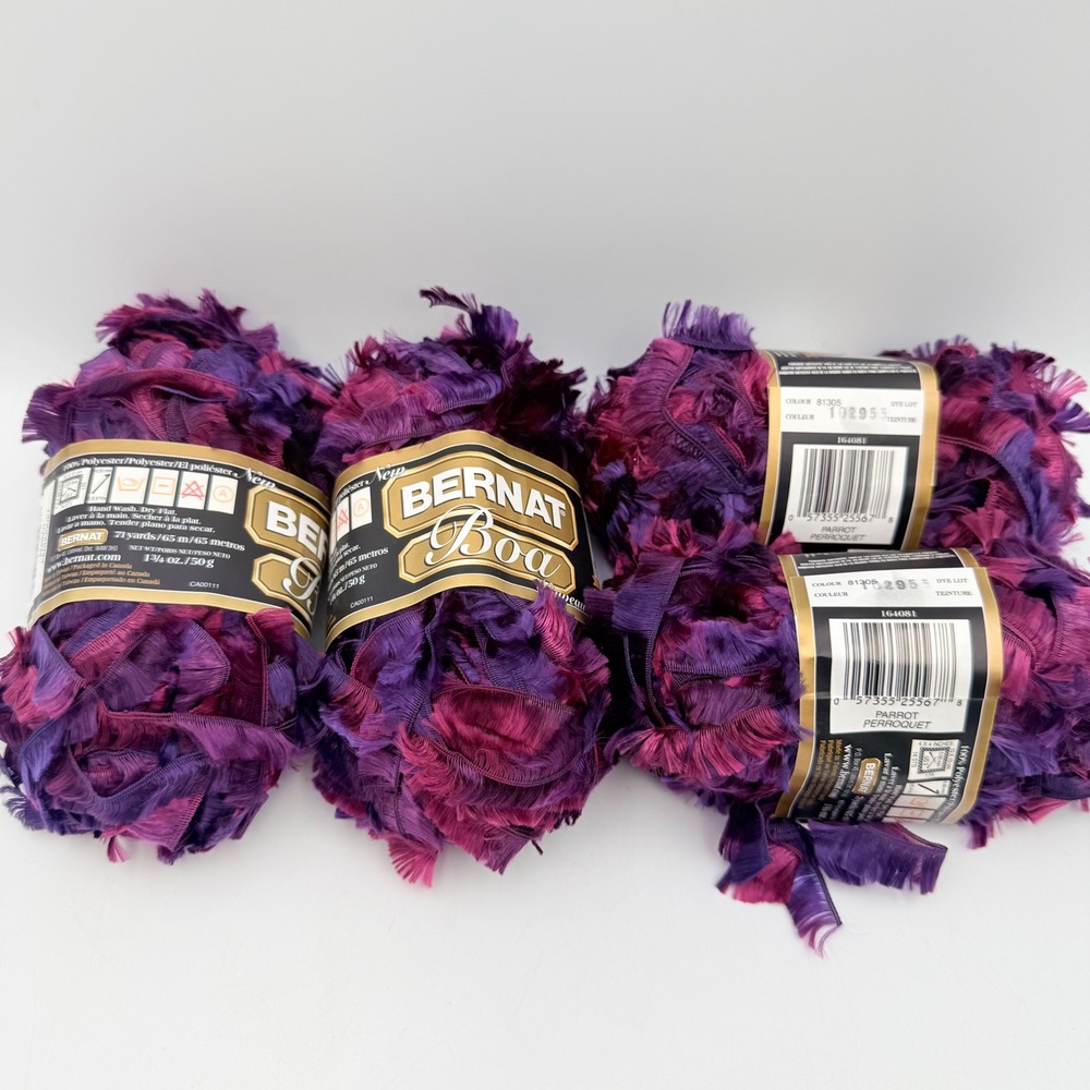Bernat Boa Eyelash Yarn Parrot Purple Magenta 4 Skeins 50g Each Bulky 100% Poly